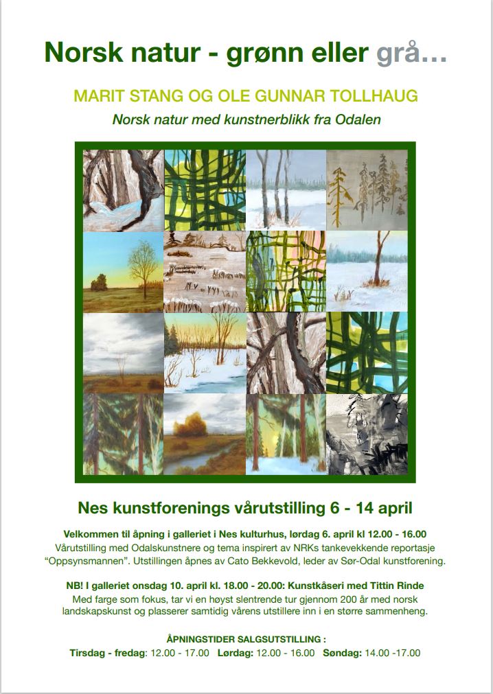 Plakat til utstillingen Norsk natur - grønn eller grå, med mosaikkbilde som viser kunstverk