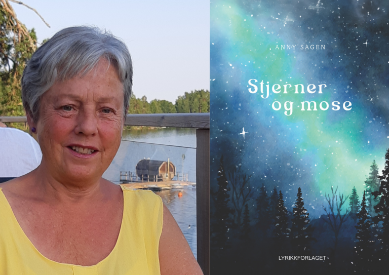 Profilbilde av forfatter Anny sagen med boken Stjerner og mose ved siden av.